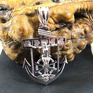Solid 925 Sterling Silver Men's Hip Hop Jesus Crucifix Pendant - Anchor Cross
